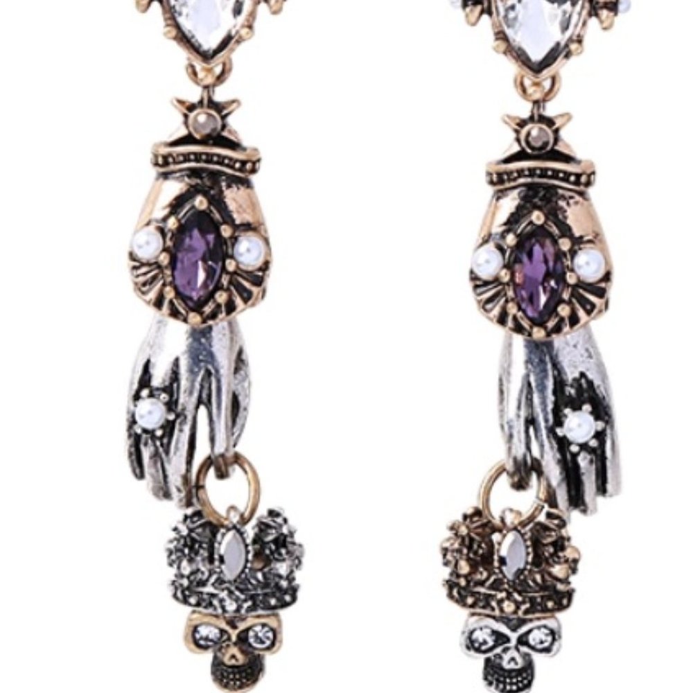 NWT Halloween Party Earrings Skull Crystals Gold Silver Tone Drop Dangles E5